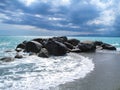 Sea Ã¢â¬â¹Ã¢â¬â¹coast with rocks after a storm, black clouds in the sky. Royalty Free Stock Photo